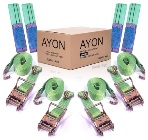 4x Recovery Truck Car Transport 38mm Ratchet Straps 5m 2000kg Heavy Duty, Vehicle Tie Down Lashing Straps with EN Certified Alloy Hooks