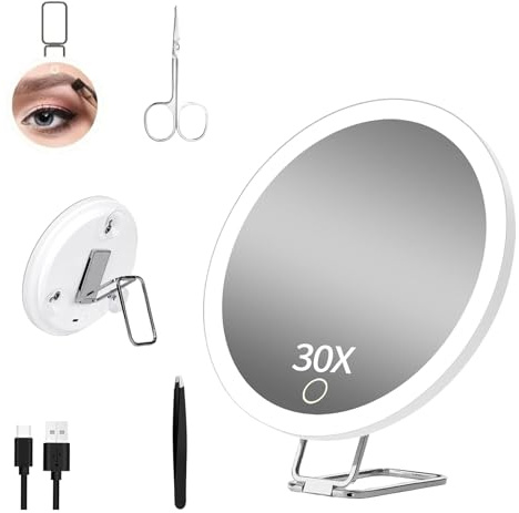 30X Magnifying Mirror with Light 6'' Lighted Travel Magnification Mirrors