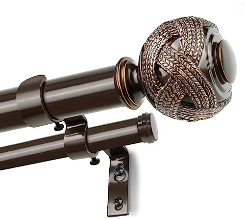 2,5 cm Doppel-Gardinenstangen 66 bis 120 Zoll (1,7–3 m), USFOOK Bronze, robuste Gardinenstangen für Fenster 175,9 bis 277,9 cm, Teleskop-Gardinenstange mit gewebten Blatt-Endstücken