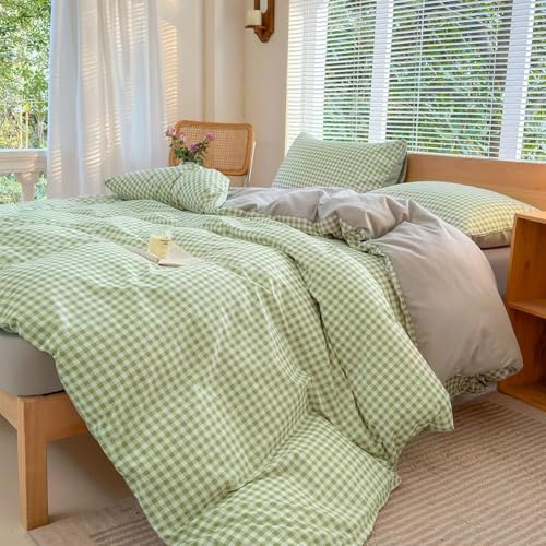 NSNLGSGC Parure de lit double, Housse de couette à carreaux pour lit double et 2 taies d'oreiller Ensemble de literie facile d'entretien 200 x 200 cm à carreaux vert