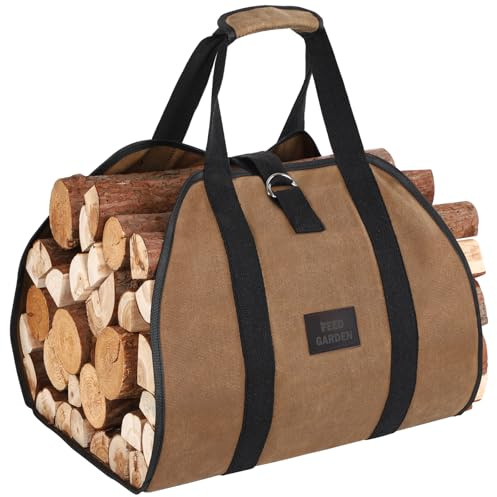 FEED GARDEN Firewood Carrier Bag Heavy Duty Waxed Canvas Log Carrier for Firewood Large Log Tote Fire Wood Carrying Bag with Handles for Easy Transport Carrying and Wood Stove Accessories