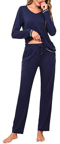Litherday Pyjama Femme Hiver Coton à Manches Longues avec Col V et Poches Tenue de Nuit 2 Pièces Confortable d’Intérieur