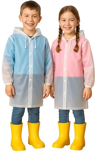 VESUVIUS 2 Pack Kids Waterproof Poncho - Long Rain Coats for Kids Waterproof Rain Poncho for - Ponchos Waterproof Rain Coat - Raincoats Waterproof Boys and Girls (2 x Clear)