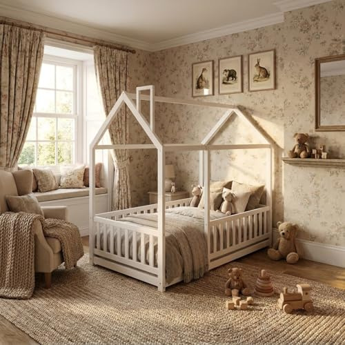 CFDZ CF Furniture White Pine Wood Kids Bed Frame Single BedFrame House Scandinavian style Bed Frame Children Bed for Bedroom Furniture, Mattress (WITHOUT) 90x190cm
