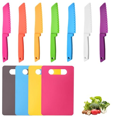 11 Pcs Kids Knife Set for Chopping with Cutting Board, Colorful Plastic Knives Child Safe Knife for Real Cooking Serrated Edges Toddler Kitchen Knife Set Cooking Kitchen Tools Toddler Friendly Knives