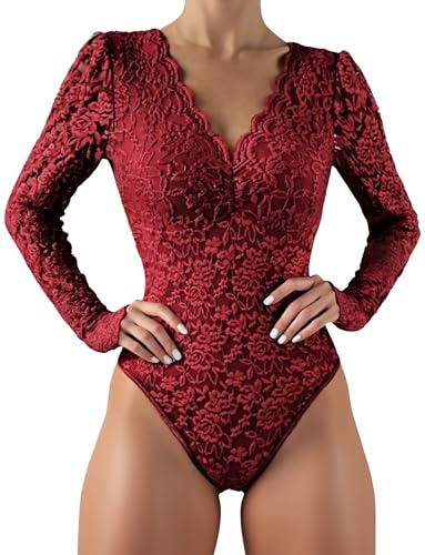 Ausing Femmes Tops en Dentelle Une Pièce Body Sexy De Soirée pour Femmes Haut Manche Longue Élégant Top Chic et Elegant Érotique Tenue À Manches Longues Mode Jumpsuit Col en V Court Rouge L