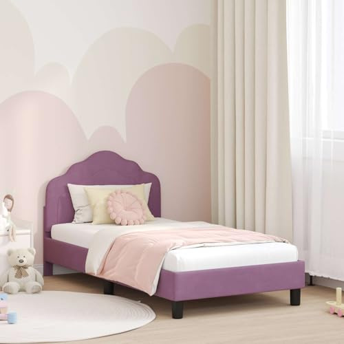 Ordellia Barnsängsram 80 x 160 cm, lila sammet, robust trämaterialdesign med sänggavel, låg plattformsäng, förvaringsväska, hållbara möbler för barnrum