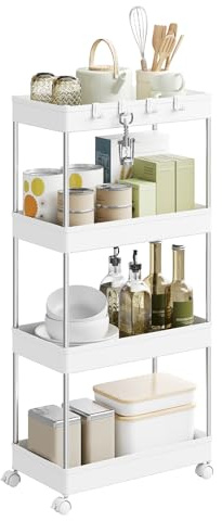 WOLTU Carrello da Cucina a 4 Ripiani, Carrello Portaoggetti con Ruote e 4 Ganci, Carrellino Salvaspazio per Cucina, Bagno e Lavanderia, in Plastica e Metallo, 41,5 x 86 x 23 cm, Bianco