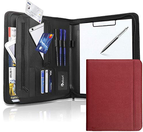 Vebon® Schreibmappe A4 groß New York I Veganes Leder, Reißverschluss + Klemmbrett I Konferenzmappe + Laptoptasche I extra Stauraum I Rot