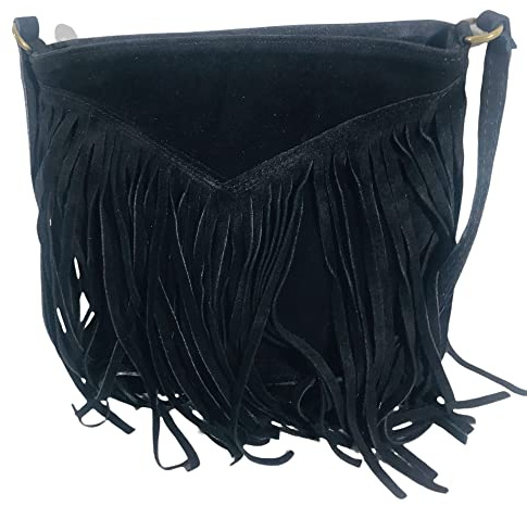 Sac à Main Femme Cuir Veritable Façon Daim Italien à bandoulière Porté Epaule à franges-Noir