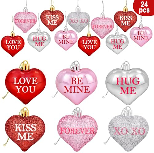 24Pcs Valentine's Day Glitter Heart Shaped Ornaments- Valentines Decorations- Red Pink Silver Hanging Baubles for Home Tree - Valentines Conversation Heart Decorations Christmas Tree Hanging Ornaments