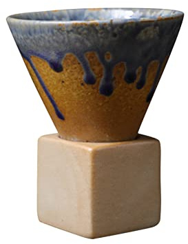 Leopacat Coarse Pottery Coffee Mugs,Japanese Style Ceramic Tea Cups Triangular Cone Shape Porcelain Retro Mug with Square Base Heat Resistant Funnel Espresso Latte for Home Picnic Office 200ml (Blue)