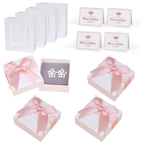 GOTFUN 4 scatole regalo per gioielli, piccole scatole regalo, 7 x 7 x 3,5 cm, con coperchio e biglietti di auguri, piccola scatola regalo per bracciale, anello, collana, orecchino (rosa)