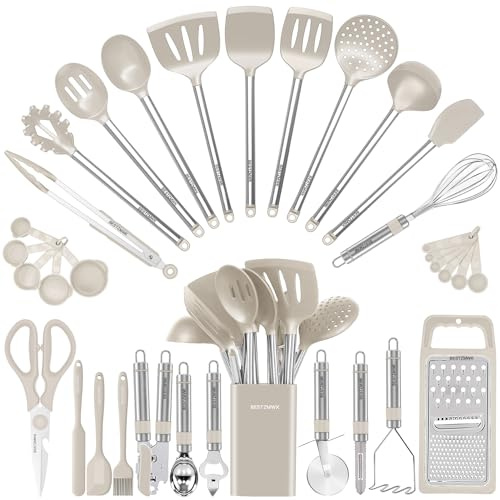 Kitchen Utensil Set-Silicone Cooking Utensils-33 Kitchen Gadgets & Spoons for Nonstick Cookware-Silicone and Stainless Steel Spatula Set-Best Kitchen Tools, Useful Pots (Khaki)
