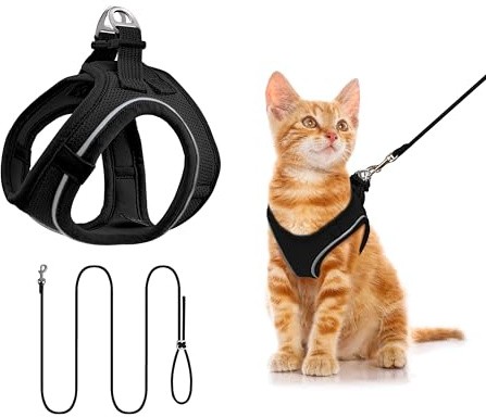 Qianruida Imbracatura per gatti con guinzaglio, guinzaglio per gatti con imbracatura, regolabile confortevole, traspirante, riflettente per cani piccoli (nero XS)