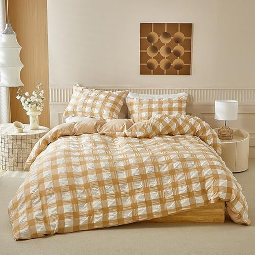 DXHOME Seersucker Ropa de cama de 135 x 200 cm, color amarillo y blanco, reversible, de microfibra suave, transpirable, para adolescentes, niñas, con cremallera, incluye 1 funda de almohada de 80 x 80
