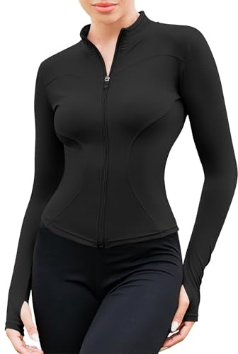 EFFAN T-Shirts de Sport Femme à Manche Longues Tops Fermeture Éclair Fitness Running Yoga Tee Shirt Noir M