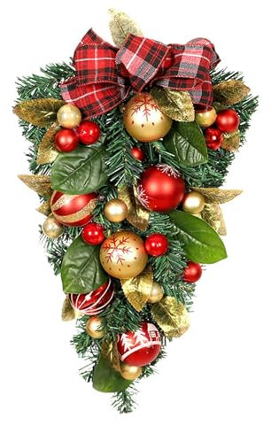 Couronne de porte de Noël – Ornement de vacances en pin, couronne verte et dorée | Couronne de noël avec feuilles et boules d'or vert, décor de nœud papillon, ornement de fête de noël d'hiver à la mai