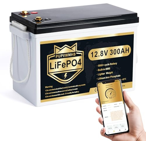 PUPVWMHB 12V 300Ah LiFePO4 Lithium Battery, Bluetooth LifePO4 Battery, Upgraded 200A BMS, 3840Wh Rechargeable Lithium Battery with Low Temp Cut off, Perfect for RV Solar Marine Solar Panel Camping