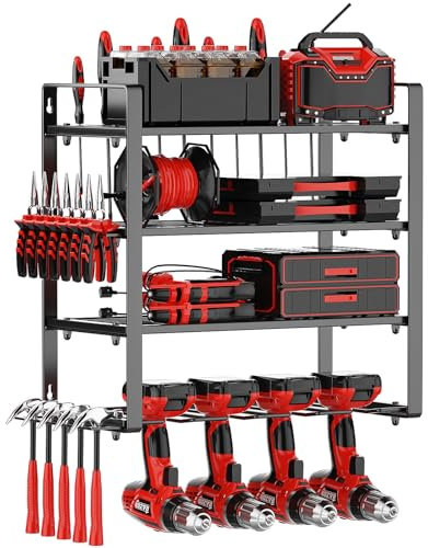 OUUTMEE Support mural robuste pour outils électriques, support mural pour 4 perceuses, organisateur d'outils à 4 couches et étagère de rangement pour l'organisation dans le garage, l'atelier, le