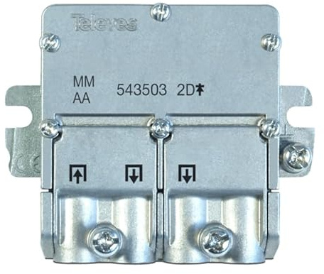 TECHZOCO Repartidor de 2 Salidas TDT y Sat, Repartidor Antena 2 direcciones, 4,3/4 dB, Incluye Paso de Corriente DC, Conexión Tipo Brida (EasyF), Apto para TDT-Sat (5-2400MHz), 2 Salidas