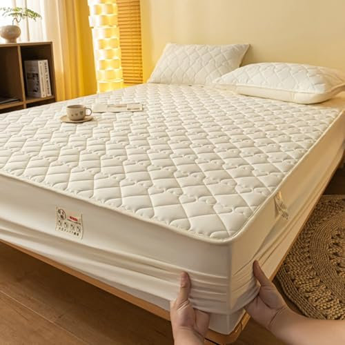 KnSam Bettlaken mit 2er Kissenbezüge 200x220cm Set 3tlg Dünn, Herz Muster Spannbettlaken Topper Einfarbig Beige Schlafkomfort, Polyester Baumwolle Laken für Bett für Boxspringbett & Wasserbett