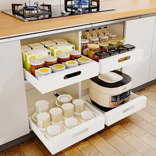 Pull Out Cabinet Organiser,9.84x16.93x2.36in Multifunctional Carbon Steel Slide Out Drawers for No Need Drill and Nailing Kitchen Cabinet Bathroom Organizer Pantry 1PC
