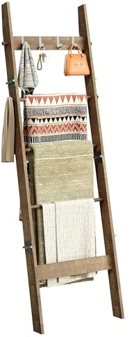 HonyQiShuo 5-Tier Bamboo Ladder Shelf, Farmhouse Style Blanket Ladder, Rustic Decorative Ladder with 4 Removable Hooks, Brown