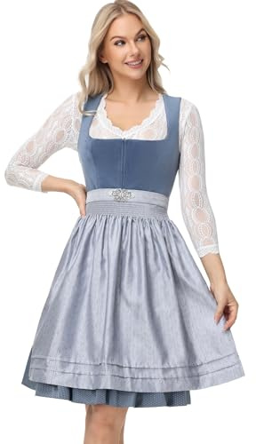 TrendiMax Damen Midi Dirndl - Elegantes Trachtenkleid Samt Dirndlkleid für Oktoberfest mit Dirndlschürze, Grau, 42