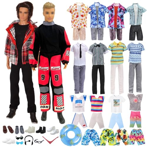 18 Kleidung und Zubehör Kompatibel mit Ken12 Zoll Junge Puppen, Enthalten Doll Cloth 2 Sätze Anzüge 3 Sätze Normaler Kleidung 1 Strandhosen 6 Schuhe 3 Brillen Schwimmring Kopfhörer Halstuch