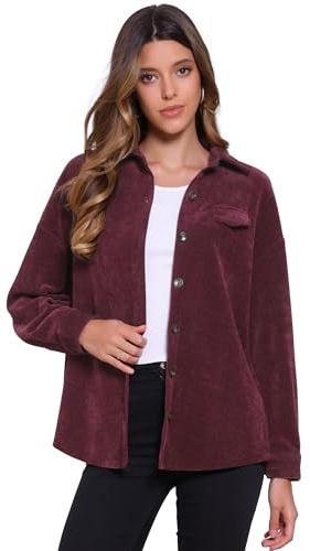 Allegra K Chemises en Velours Côtelé Femme Blouson Boutonnées à Manches Longues Coupe Ample Veste Décontractée d'Automne Bourgogne S