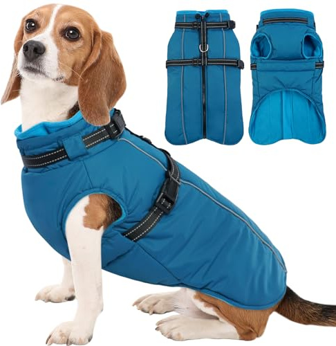 Kuoser Waterproof Dog Coat With Built-in Harness, Warm Fleece Jacket for Medium Dogs, Winter Thermal Snow Apparel Reflective, Blue M
