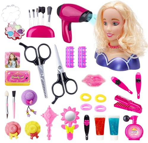 Testa Bambola da Truccare e Pettinare per Bambini: Set Parrucchiere per Bambini Trucco Hair Styling con Testa da Bambola e Set di Accessori - Giocattolo Compleanno per Ragazze 3 4 5 6 7 8 Anni (Set-8)