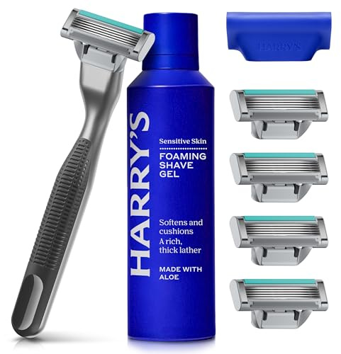 Harry's Plus - Starter Set for Men (Black) - Premium Handle with 5 Razor Refills, 60ml Foaming Shave Gel and Travel Blade Cover