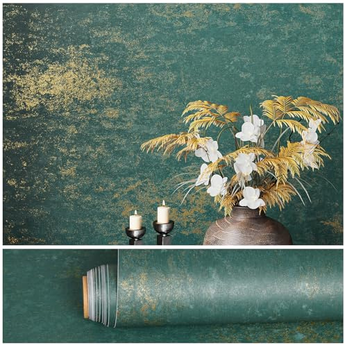 VEELIKE Carta da Parati Effetto Cemento Teal Oro Distressed Carta da Parati Adesiva Muro Verde Oro Metallo Pellicola Autoadesiva per Cucina Piano di Lavoro Decorazioni Camera da Letto 40 cm x 300 cm