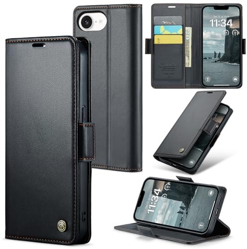 Idhiem Kortplatser Plånboks Fodral för iPhone 16e, Svart | RFID-blockering, Flip Kortplatser Plånboksfodral, Premium PU Läder Skalm, Wallet Case, Stötsäkert Skyddsfodral