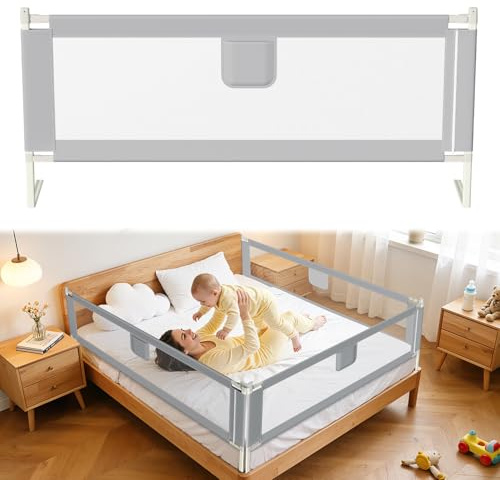 Tubiaz 2 x 200 cm + 1 x 180 cm, griglia di protezione per letto con doppia sicurezza per bambini, altezza regolabile 64 – 96 cm, griglia per lettino con rete ariosa, facile da montare, grigio