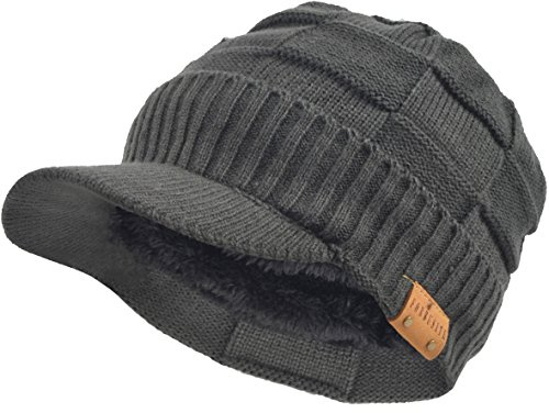 VECRY Hommes Bonnet Tricoté Visière Beanie Manchette Hiver Quotidien Newsboy Casquette (Plaid-Gris), Taille M