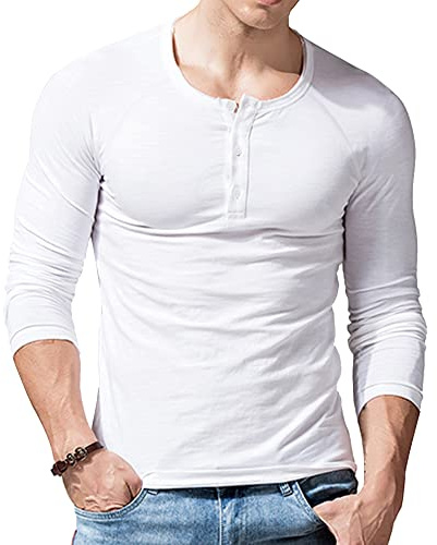 Uomo Slub Henley Maglie a Manica Lunga Corta Leggero vestibilità Morbida Casuale con 3 Pulsanti abbottonatura Girocollo Camicie 9308 Bianca S