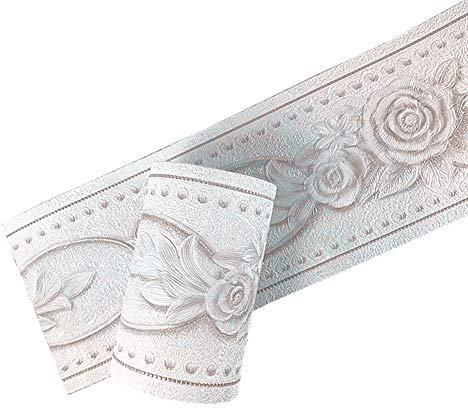 no-branded D-Simplemuji 5 Meters White Peony 3D Self Adhesive Peel and Stick Waterproof Wall Border Easy to Apply 4 Inch by 16.5 Feet