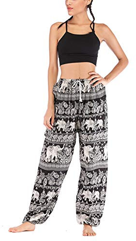 Damen Baumwolle Haremshose mit Taschen Thai Hippie Hose Hosenrock Pumphose Baggy Boho Ethno Elefant Gemustert Strand Sommerhose Yogahose Aladinhose mit Elastischen Bund Schwarz Einheitsgröße