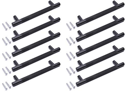 Svart räfflat dörrhandtag, T-bar, modernt, köksskåp, skåp, låda, stång, dörrhandtag, knopp, matt finish. (10, 96 mm)