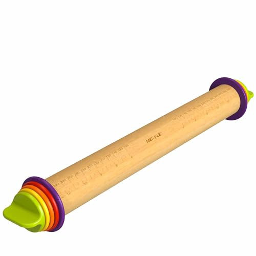 Mepple Rolling Pin with Thickness Rings for Baking,Fondant, Pizza, Pie Crust, Cookie, Pastry, Roller Rod for Dough Thickness, 13.6 Adjustable Wooden Rolling Pin with 4 Thickness Rings