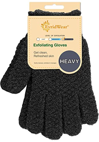 Evridwear Exfoliating Dual Texture Bath Gloves for Shower, Spa, Massage and Body Scrubs, Dead Skin Cell Remover, Gloves with Hanging Loop (1 Pair Black Heavy Glove)