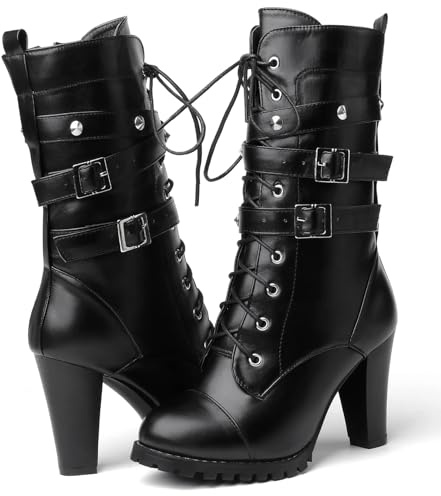Susanny High Heel Boots for Women,Womens Platform Boot Heels Sexy Round Toe Lace UP High Heels Mid Calf Boots, Black-m, 8 UK