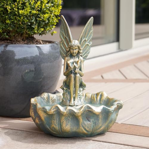 Festive Lights - Solar-Fee mit Blatt-Wasserbrunnen – Gartendekoration für den Außenbereich – Bronze