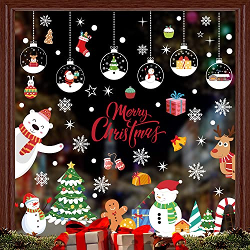 Juldekoration fönster, 9 ark fönsterbilder, jul, självhäftande dekoration med jultomte, snöflingor, julälg, PVC, självhäftande fönsterdekoration för dörrar, skyltfönster, glasfronter, 186 st