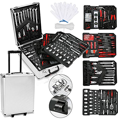 Herrselsam Werkzeugkoffer 1031-teilig, Werkzeugset für den Haushalt, Werkzeugkasten Werkzeugkiste, Abschließbare Werkzeugtasche, Werkzeugkoffer Trolley mit 4 Ebenen, Werkzeug-Trolley mit Rollen