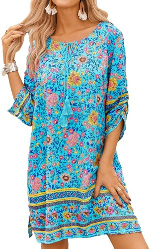 Zeagoo Robe d'été pour femme - Style bohème - Manches 3/4 - Tunique - Mini robe ample - Robe décontractée, bleu, L