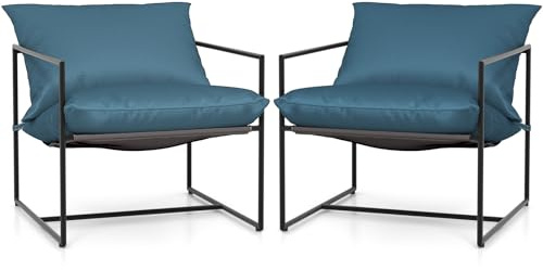 GOPLUS Juego de 2 Sillones de salón, Sofá Individual con Marco de Metal y Cojín de Esponja Extraíble, Sillón Tapizado con Diseño Moderno, Silla Azul para Dormitorio, Esquina de Lectura, Terraza